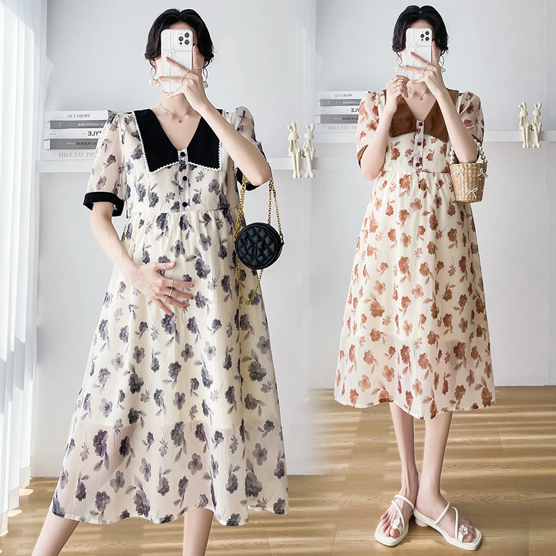 Pregnant Woman Sweet Floral Dress Preppy Style Block Color Turn-down Collar Puff Sleeve Maternity Chiffon Dress Holiday Clothes