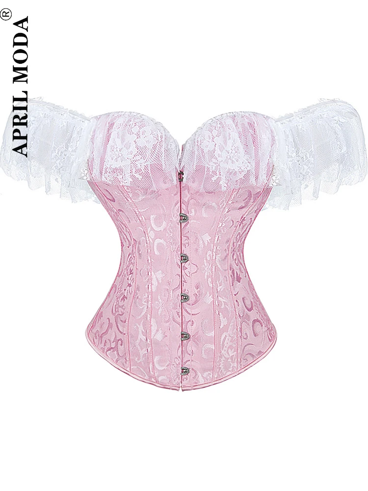 Black White Pink Lace Gothic Corset Tops Steampunk Cosplay Bandage Bodyshaper Elegant Patchwork Dance Party Bustier Costumes