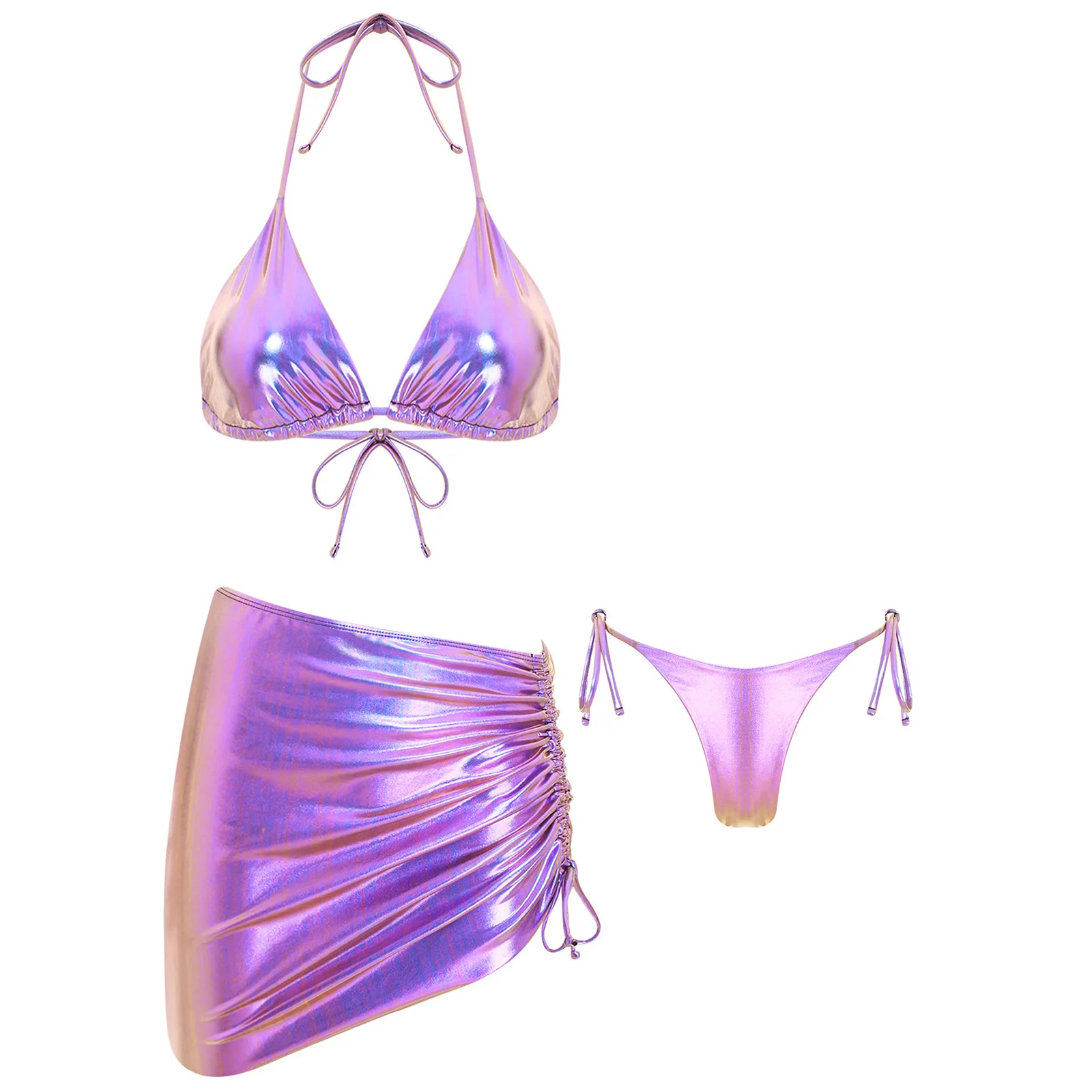 

Womens Solid Bikini Swimsuit Halter Triangle Cup Bra Tops T-back Thong And Ruched Drawstring Skirt for Pool Party Beachwear