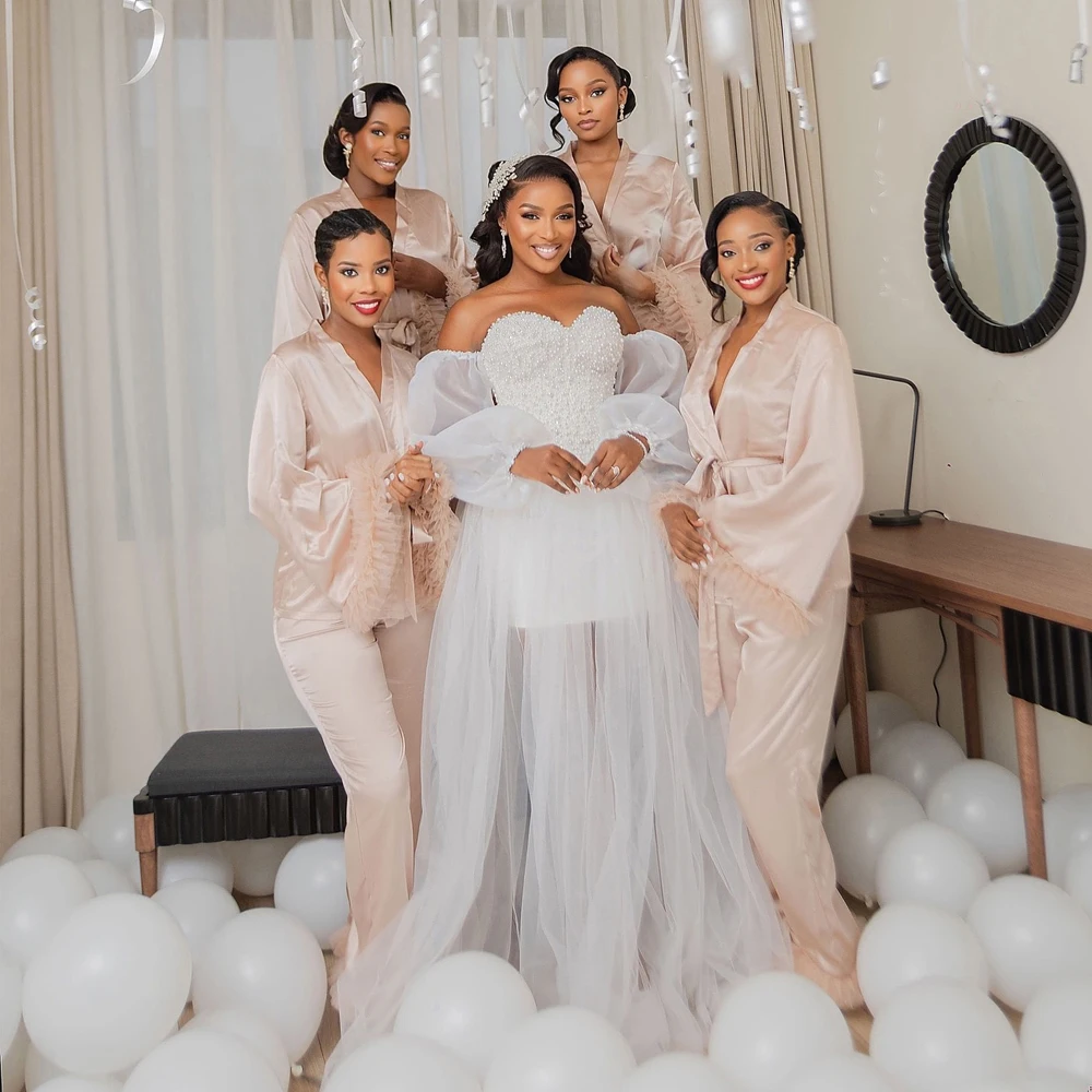 

Beading Wedding Robe Dresses 2026 Aso Ebi Sweetheart African Women Corset Luxury Bride Gown Straight Puff Sleeve Customized