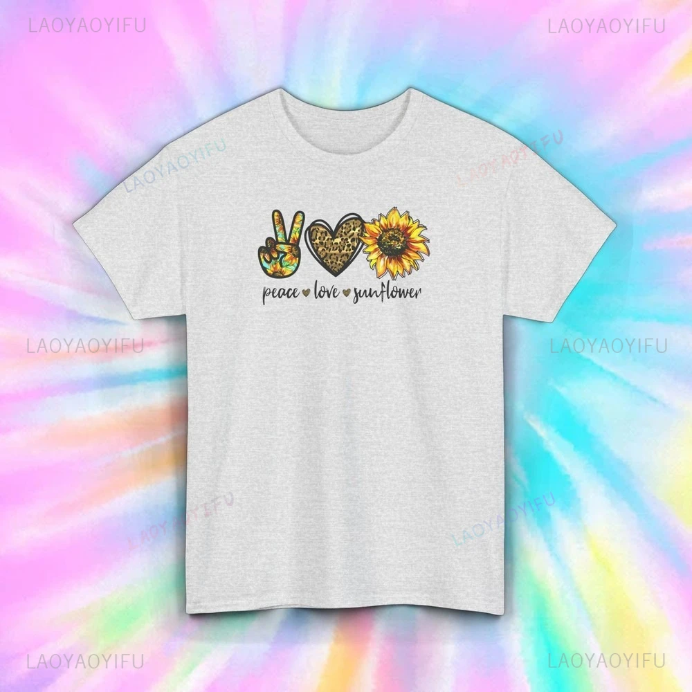Vrede Liefde Zonnebloem Gedrukte T-shirt Tops De Leuke Zonnebloem Hartvormige Cartoon Vertegenwoordigt Vrede Tops T-shirt Vrouw Mannen Tee