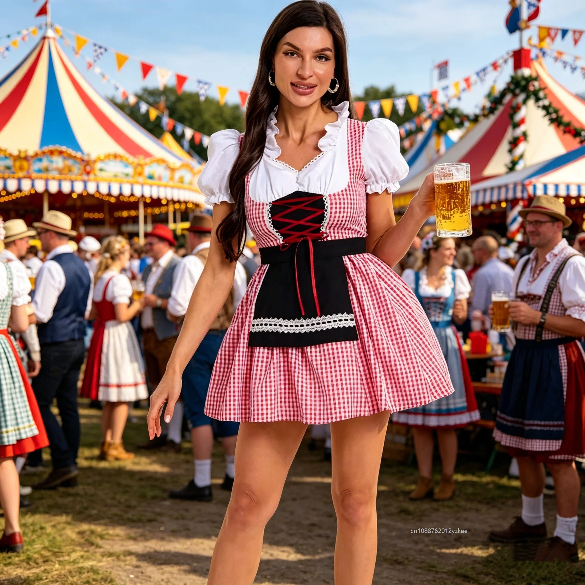 

German Cosplay Traditional Oktoberfest Maid Costume Manor Farm Plaid Puff Sleeve Dress Adult Women Munich Party Costume