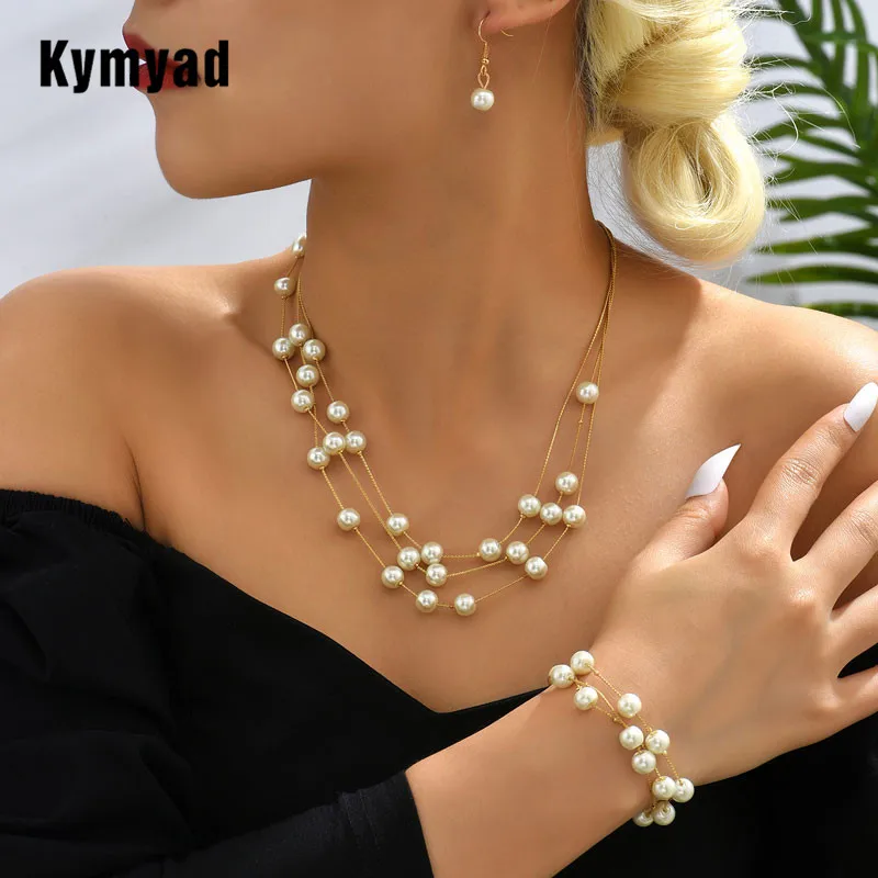 Kymyad Simulated Pearl Jewelry For Women Multilayer Choker Necklace Earrings Bracelet Sets For Women Bijoux Wedding Jewelry