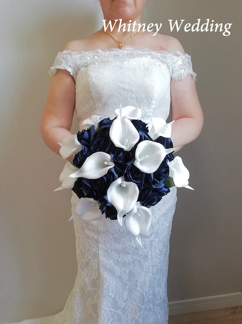 Whitney W045 Beautiful Bride Bridesmaid Brooch Bouquet Wedding Navy Blue Fabric Rose Bouquet Wedding Supplies Ramo Novia