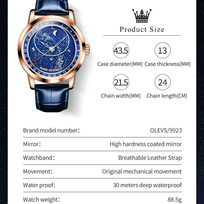 OLEVS Automatic Mechanical Watch for Men Rotate Moon Phase Diamond Dial Luminous Waterproof Blue Leather Strap Men\'s Wristwatch