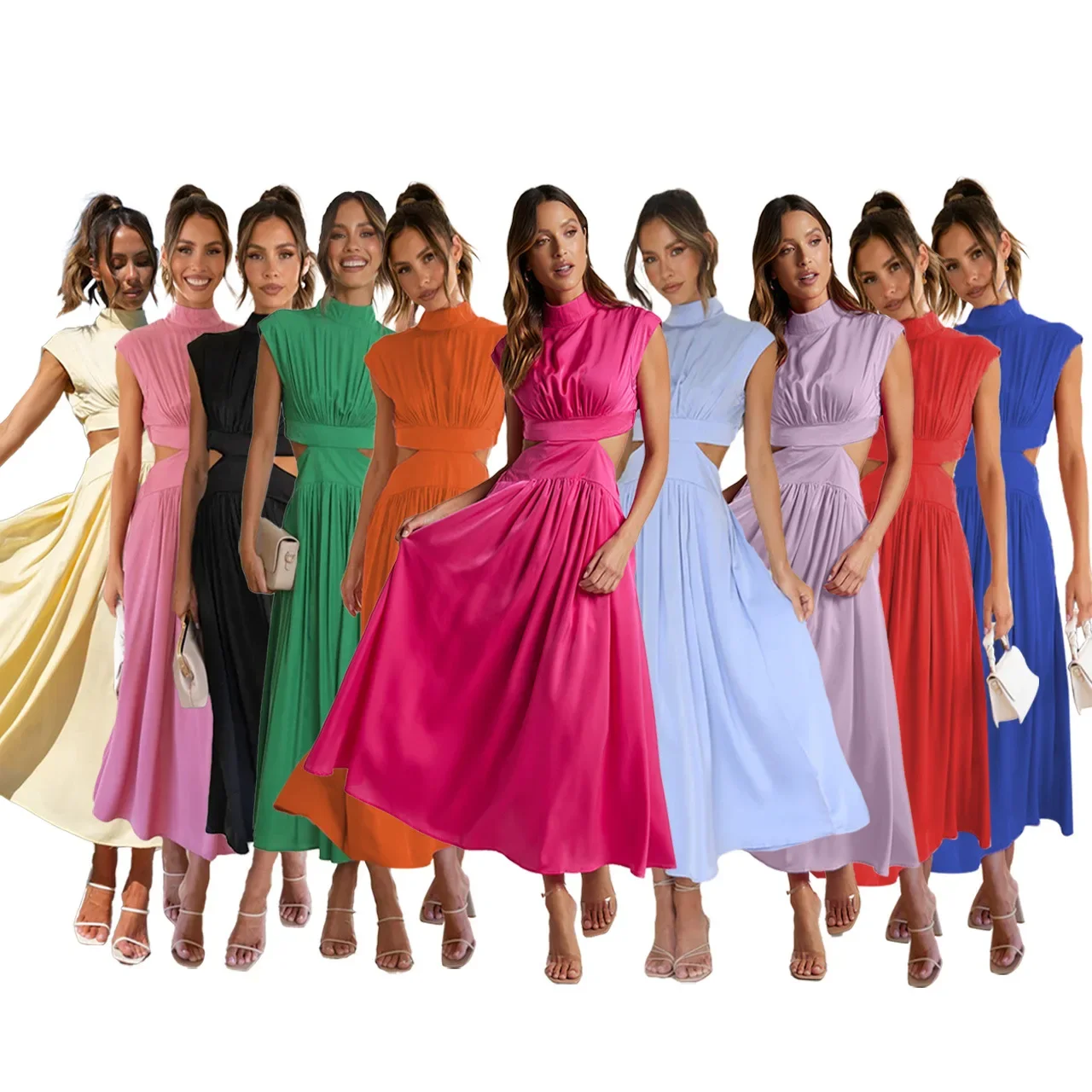 202024 Sweet Fashion Street Summer Stand-up Collar Macaron Waist Long Dress New A-word Pleats Sleeveless