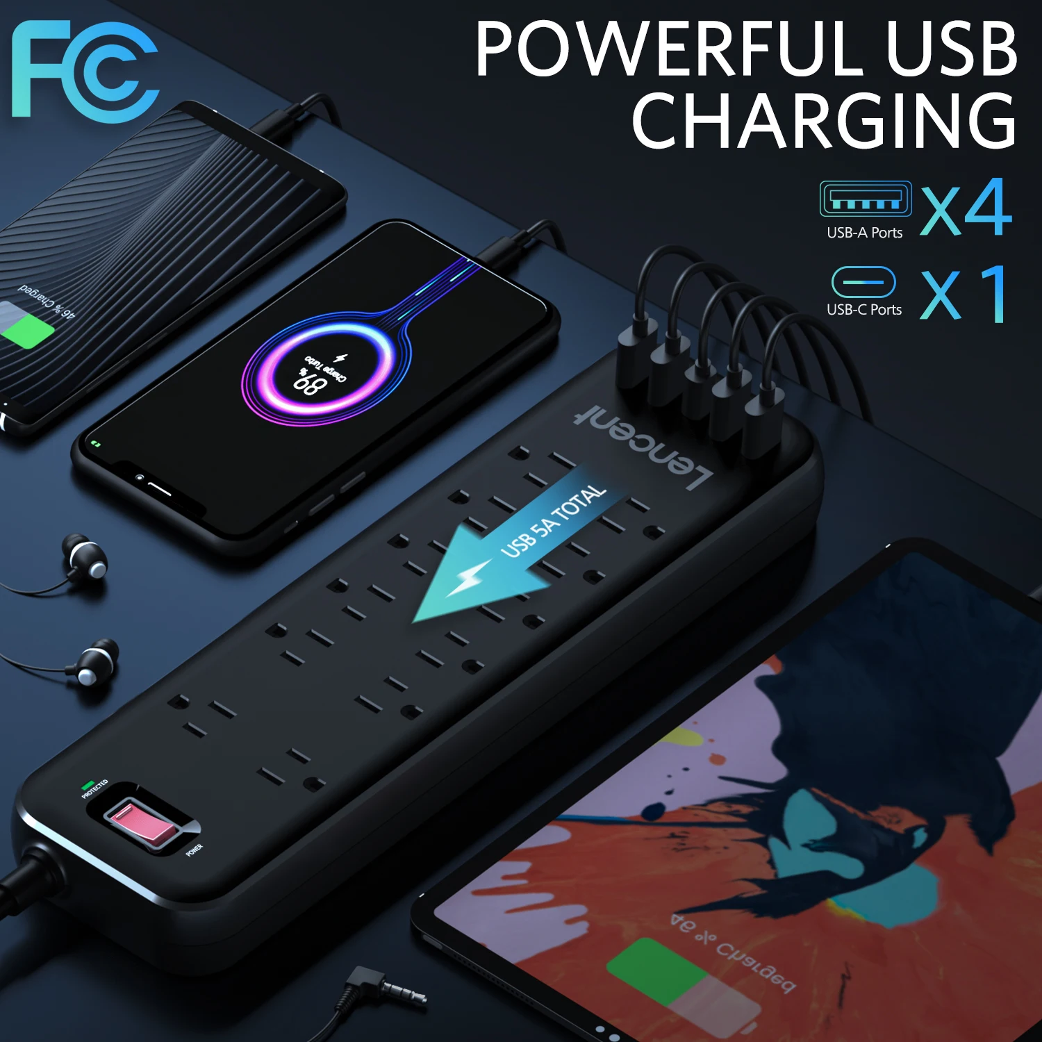 Lencent Power Strip Surge Protector Met 12 Outlets 4 Usb 1 Type C 6Ft Verlengsnoer (1875W/15A,3600J) Meerdere Socket Voor Thuis