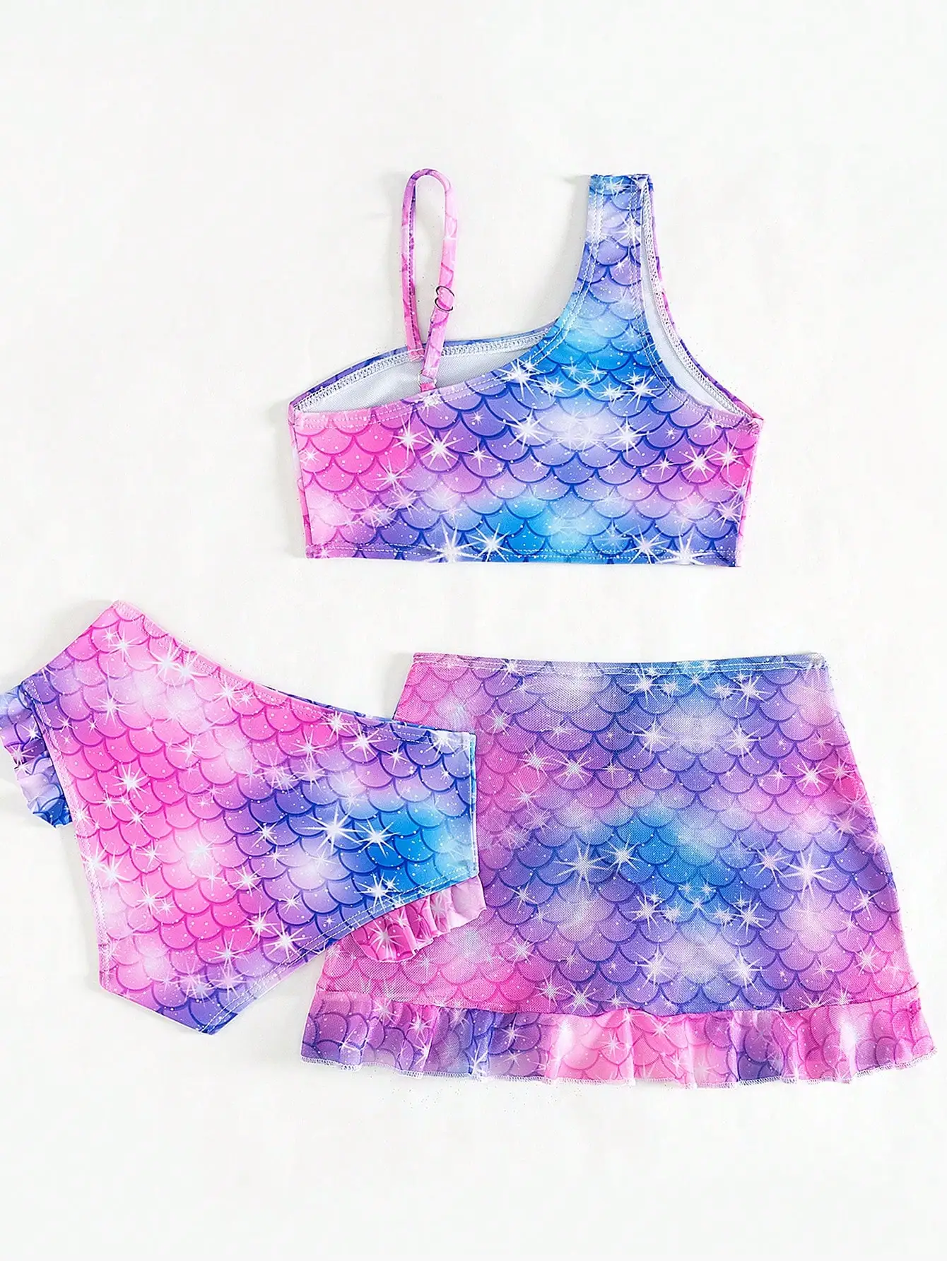 

Mermaid Scale Print 3 Piece Bikini Set With Ruffle Skirt