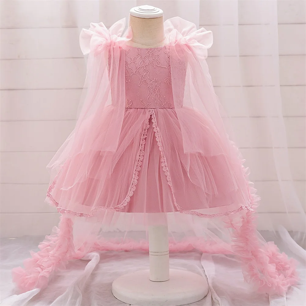 Trailing White Baptism 1 Year Birthday Dress For Baby Girl Clothes Wedding Princess Tutu Dress Girls Dresses Fluffy Party Gown