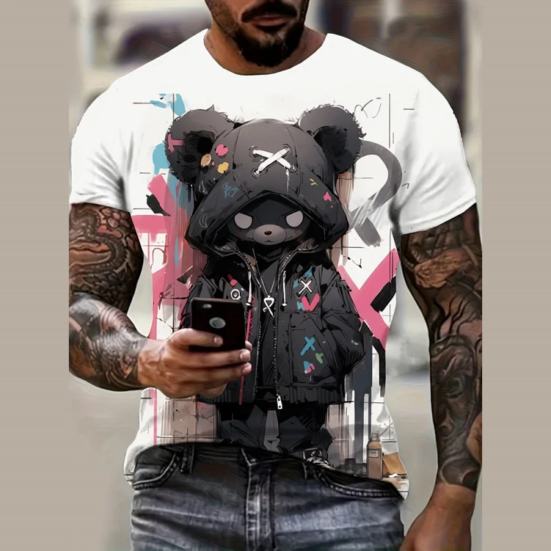 

Cartoon Cute Grid Pattern T Shirt For Men Cool Bear 3D Printed Short Sleeve Tops Summer Casual Round Neck Loose Tee Shirts