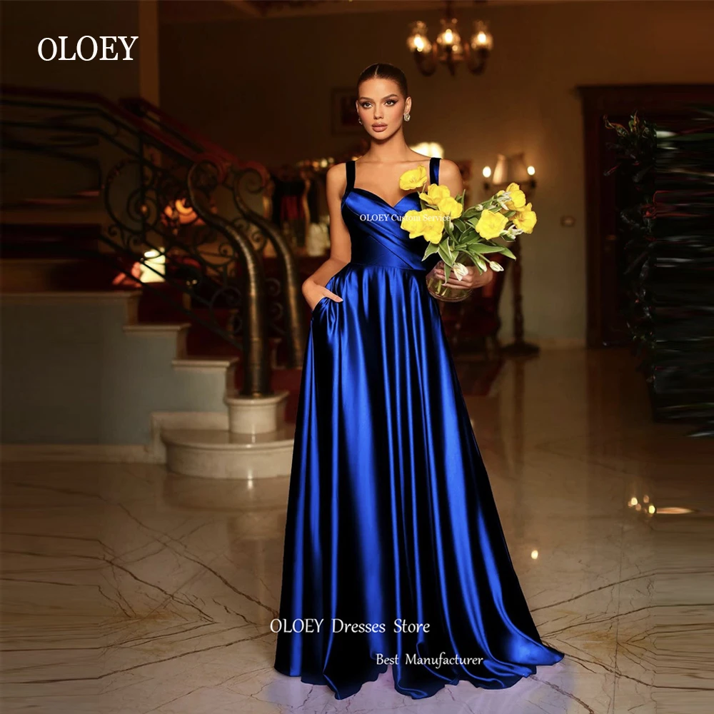 

OLOEY Blue Satin A Line Evening Dresses 2023 Straps Sweetheart Women Prom Dress With Pocket Formal Party Occasion Simple Gowns