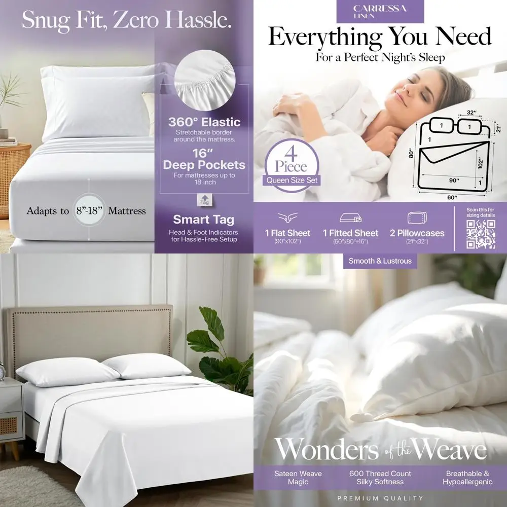 

Luxury 600-Thread Egyptian Cotton Queen Sheet Set with 16 Deep Pockets in Crisp White