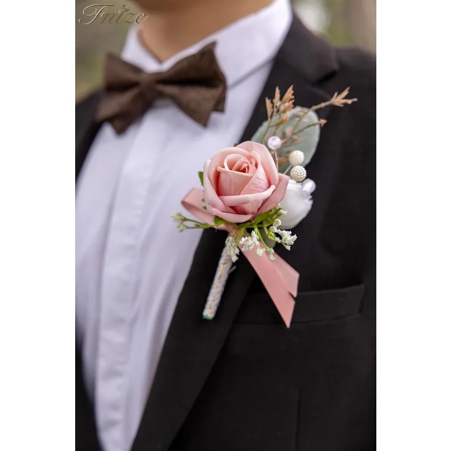 Boutonniere rosa para homens, 6 peças de flores artificiais para casamento, baile, evento de baile, detalhes florais elegantes e duráveis para groo