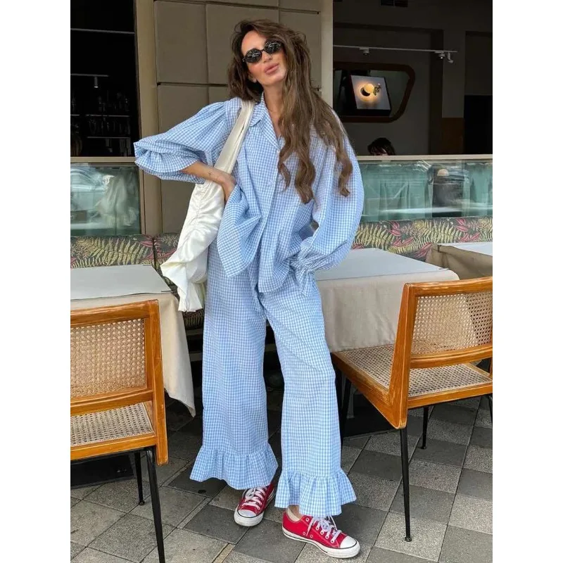 

New Women Striped Pajamas Set Turn-Down Collar Sleepwear Long Sleeve Nightgown Pants Casual Ladies Nightwear 2 Piece Suit