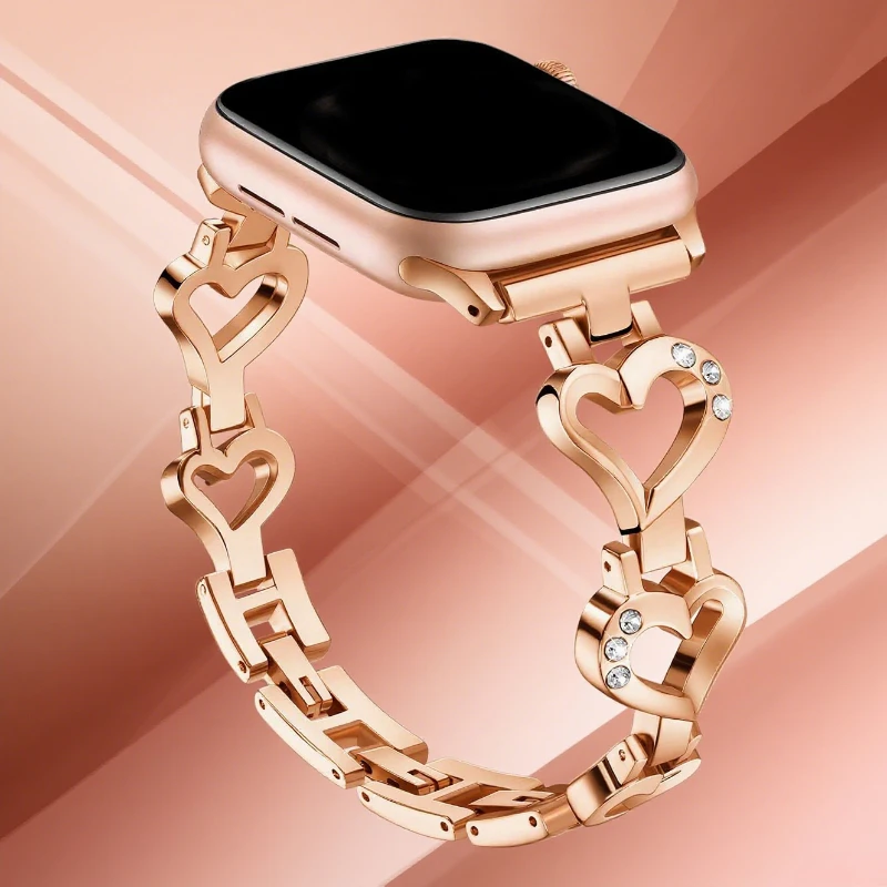 Luxury Rose Gold Metal Strap For Apple Watch Band 44mm 40 38 49 46 42 45 41mm Women Bracelet For iWatch S12 11 10 9 8 7 6 5 4 SE