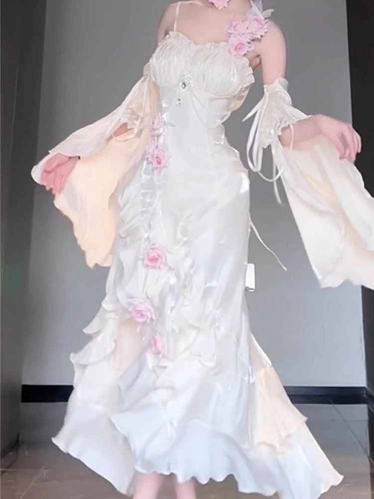 2026 New Korean Lolita Women White Floral Maxi Dress Streetwear Spaghetti Strap Ruffle Gown Flare Sleeves Evening Party Dresses