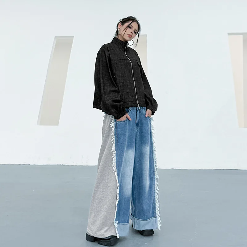 النساء تقسم الجينز سراويل جينز بنطال ذو قصة أرجل واسعة شرابة كامل طول عالية الخصر سستة فضفاضة Y2k الشارع الشهير عادية خريف 2025