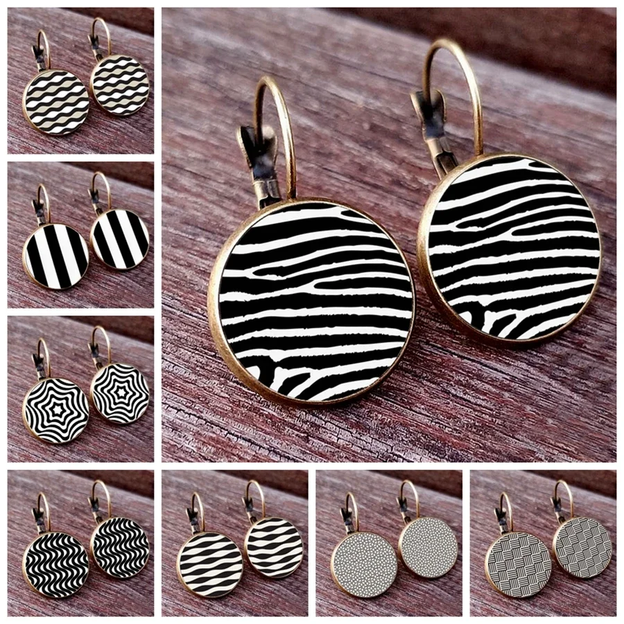 New black and white color matching earrings simple black and white line pattern glass dome women\'s Earring personalized earrings