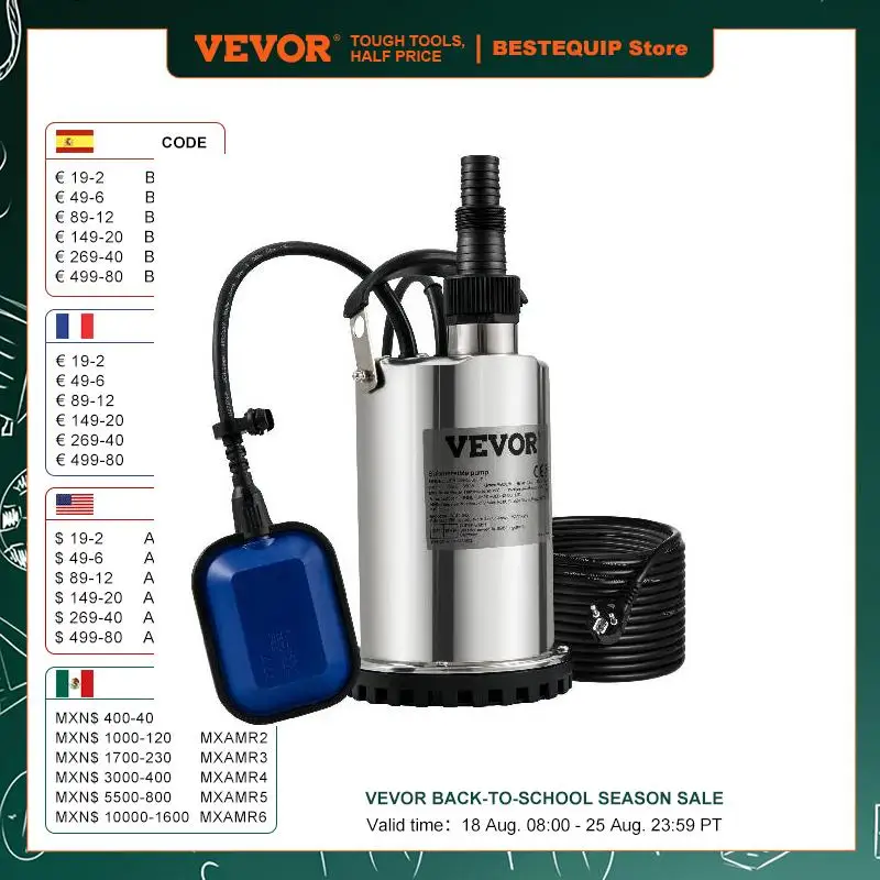 VEVOR Sewage Pump Submersible Sump Pump Clean Water Pump 550W - 2200W for Pumping Water from Swimming Pools, Basements, Hot Tubs