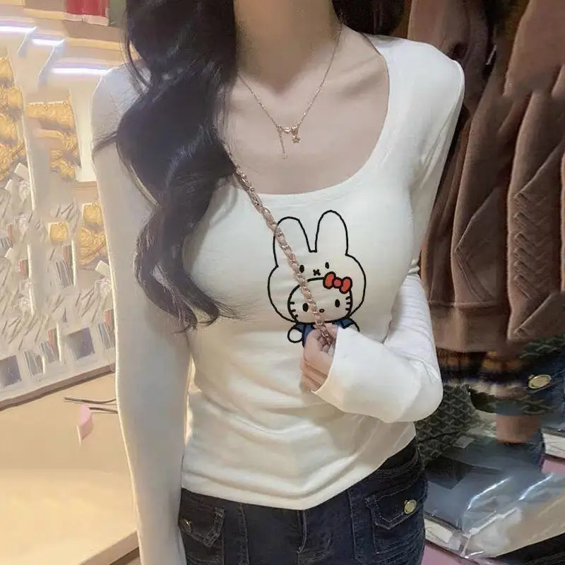 

Женская футболка Sanrio Hello Kitty, топы, футболки, флисовые кофты, осенне-зимняя новинка, модный американский стиль, утепленные, с длинными рукавами