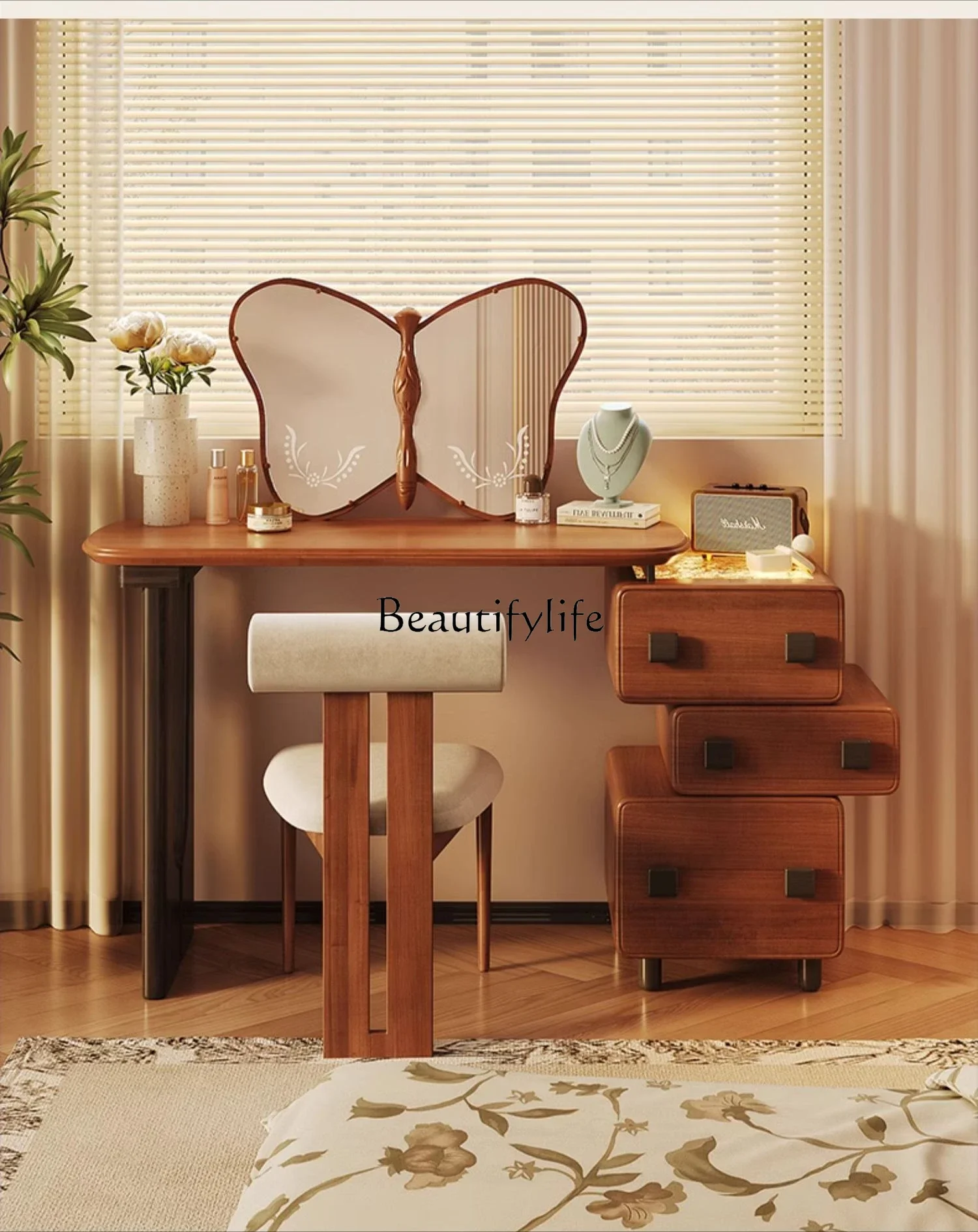 

FG43**French medieval bay window retractable dresser bedroom solid wood makeup table bedside chest 2024 new