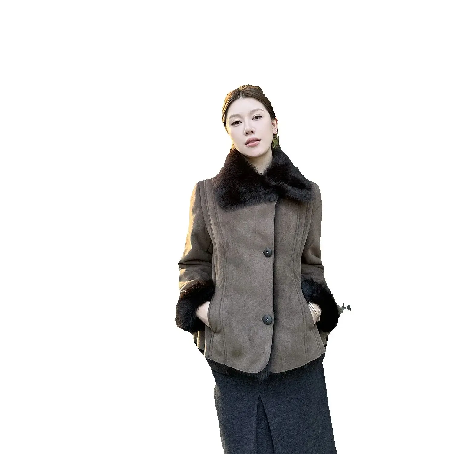 A Retro Central European Style Lapel, Slanted Front, One-Piece Eco-Friendly Fur Fitted Coat For Women In Autumn And Winter