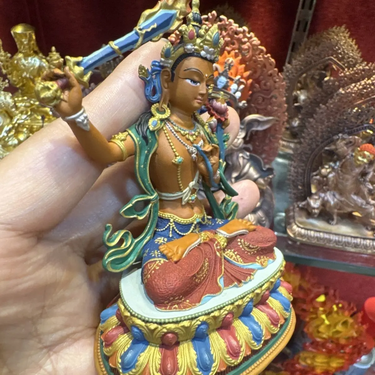Xizang Manjushri Bodhisattva 10cm bronze statue mineral paint painted Tibetan Seiko Buddha statue home offering ornament