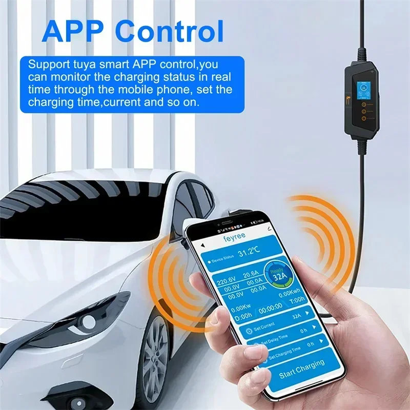 Feyree Draagbare EV-oplader met Tesla NACS-connector 32A tot 50A 12kw High Power EV wallbox met APP WIFI voor alle Tesla-modellen
