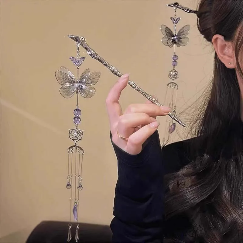 Vintage Purple Crystal Butterfly Tassel Hair Sticks for Women Chinese Style Long Chian Chopstick Hair Clips Hair Bun Headwear