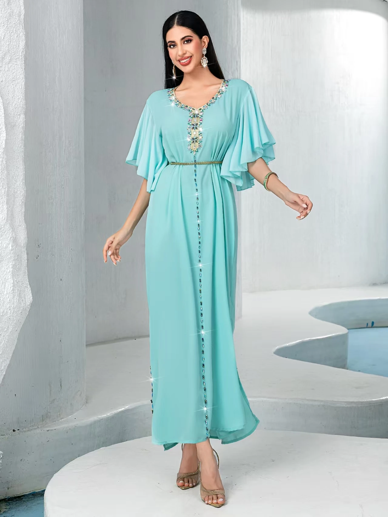 

Ele Длинное платье ручной работы с бриллиантами и шипами Ближневосточная мода Юбка трапециевидной формы с высокой талией ort Sve Вечернее платье Deep V Ne