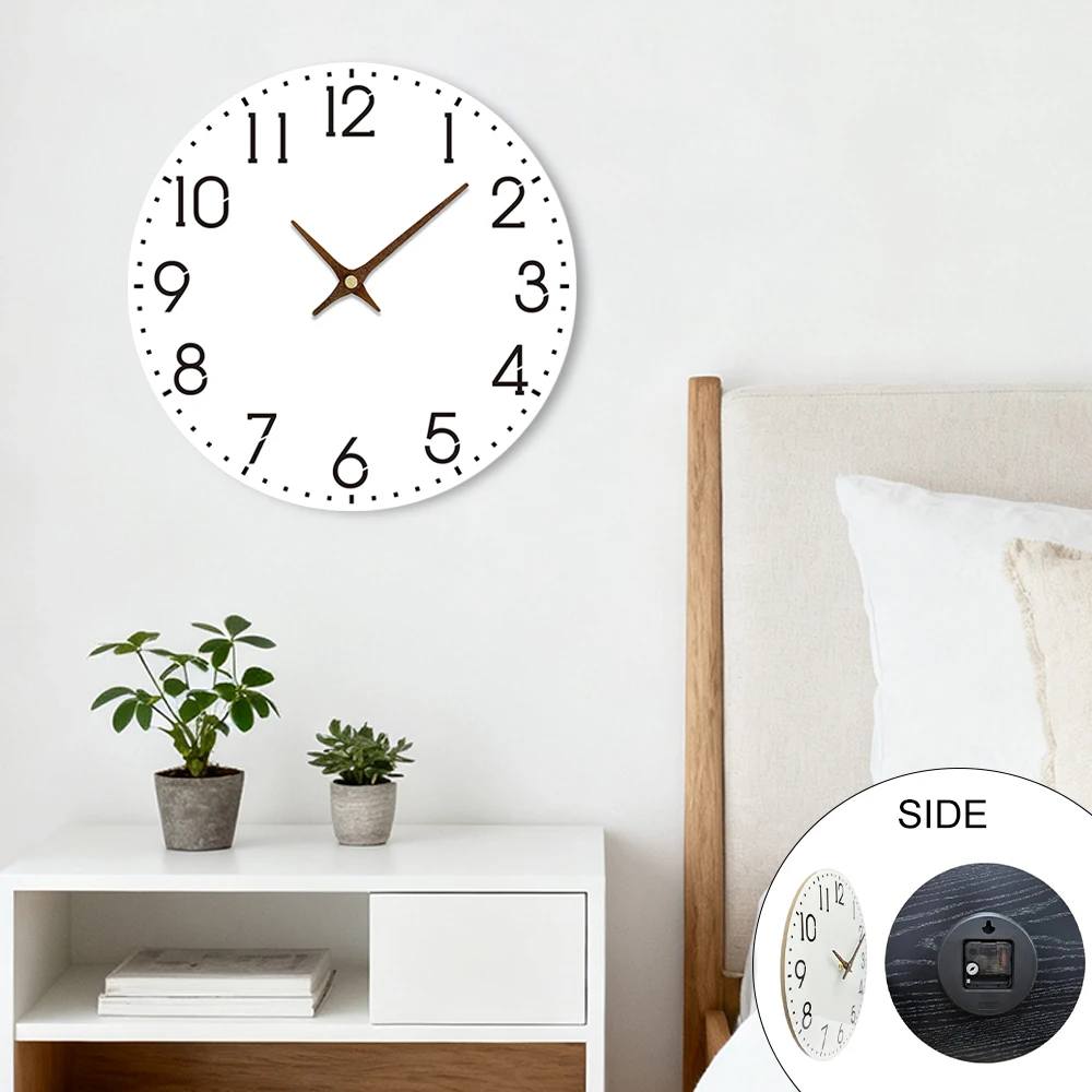 Simple Round Wooden Wall Clock White Dial Design Quartz Mechanism Battery Powered Decor Clock for Bedroom Living Room Office