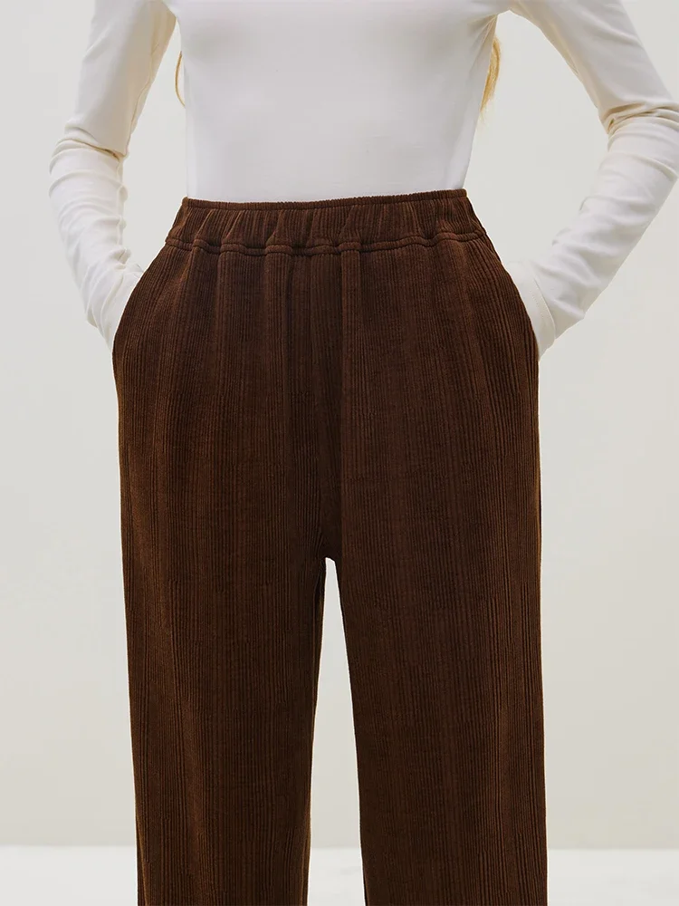 FSLE Elastic Waist Pants Autumn Winter Corduroy Straight Tube Pants Loose High Waist Casual Pant For Work Black Beige Pant