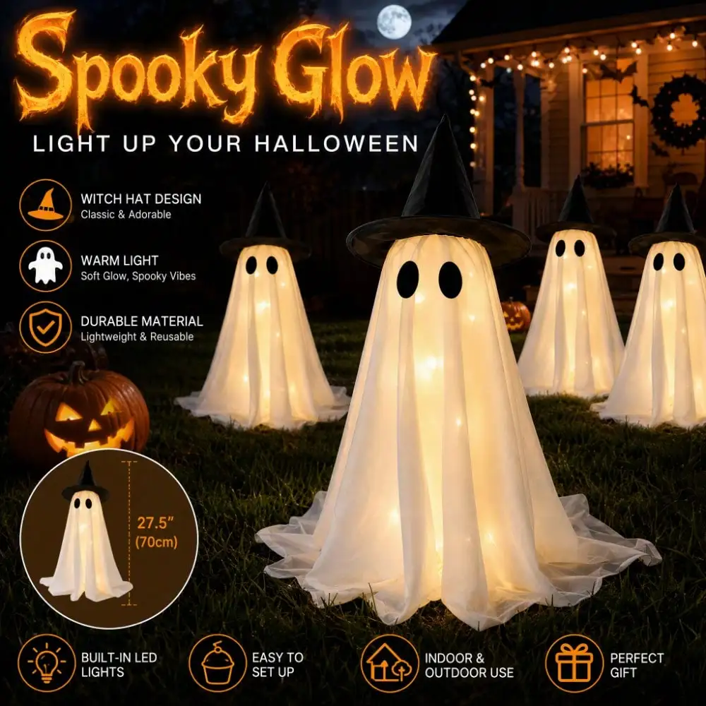 LED Light‑Up Witch Hat Ghost 2Pcs, Spooky Halloween Figurine, Table Centerpiece for Mantel Dining Table Party Decor view 6