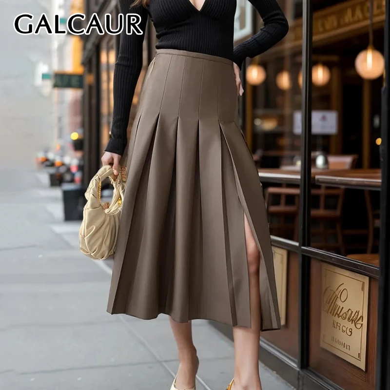 

GALCAUR Vintage Spliced Pleated Midi Skirt For Women High Waist Knee Length Elegant Chic Solid Skirts Female Summer Clothing New