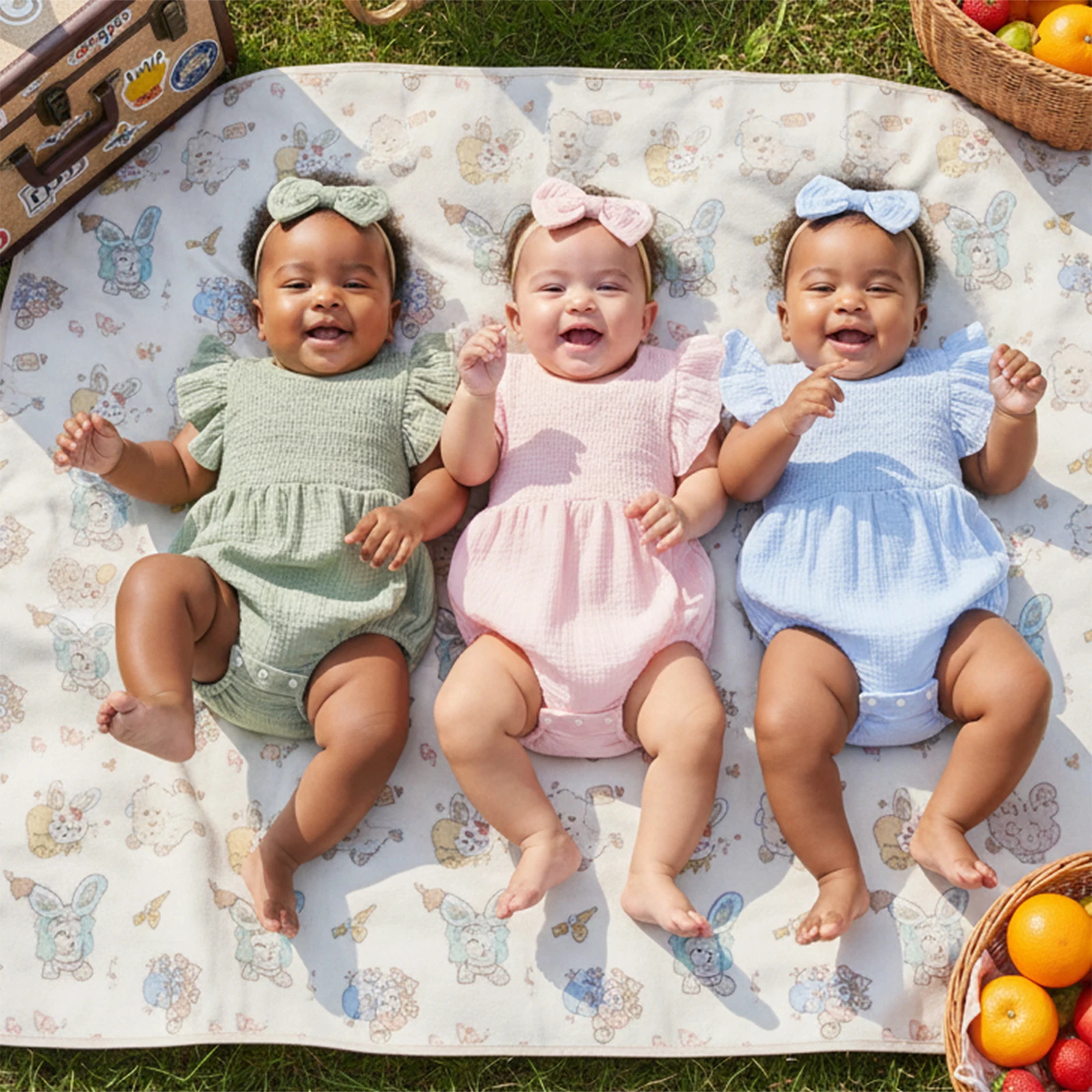 Baby Girl Summer Bubble Short Sleeve Bodysuits Outfit Solid Color Flutter Sleeve Round Neck Romper Bow Headband 2 Piece Set