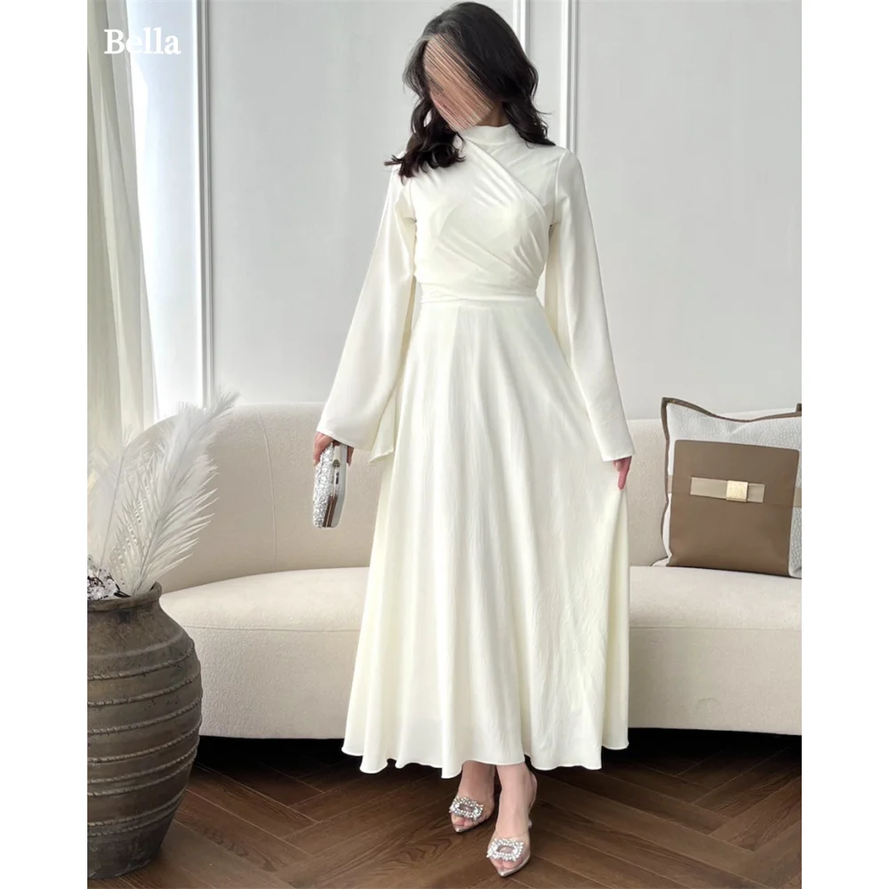 

Bella Elegant White Satin Prom Dresses Modest A-line Wedding Dress Long Sleeves High Neck Ankle-Length Vestidos De Fiesta 2024