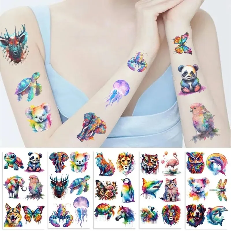 Colorful Watercolor Animal Temporary Tattoo Stickers Waterproof Skin-Friendly Body Face Decals 10 Designs for Kids Party