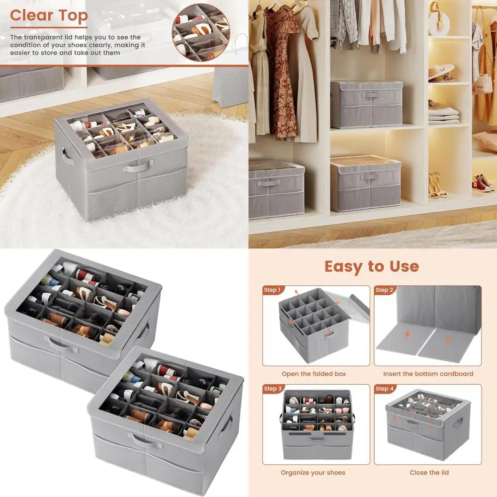 

Набор из 2-х серых органайзеров для обуви с прозрачными крышками и усиленными ручками, вмещает до 16 пар, компактное решение для хранения, экономящее пространство.