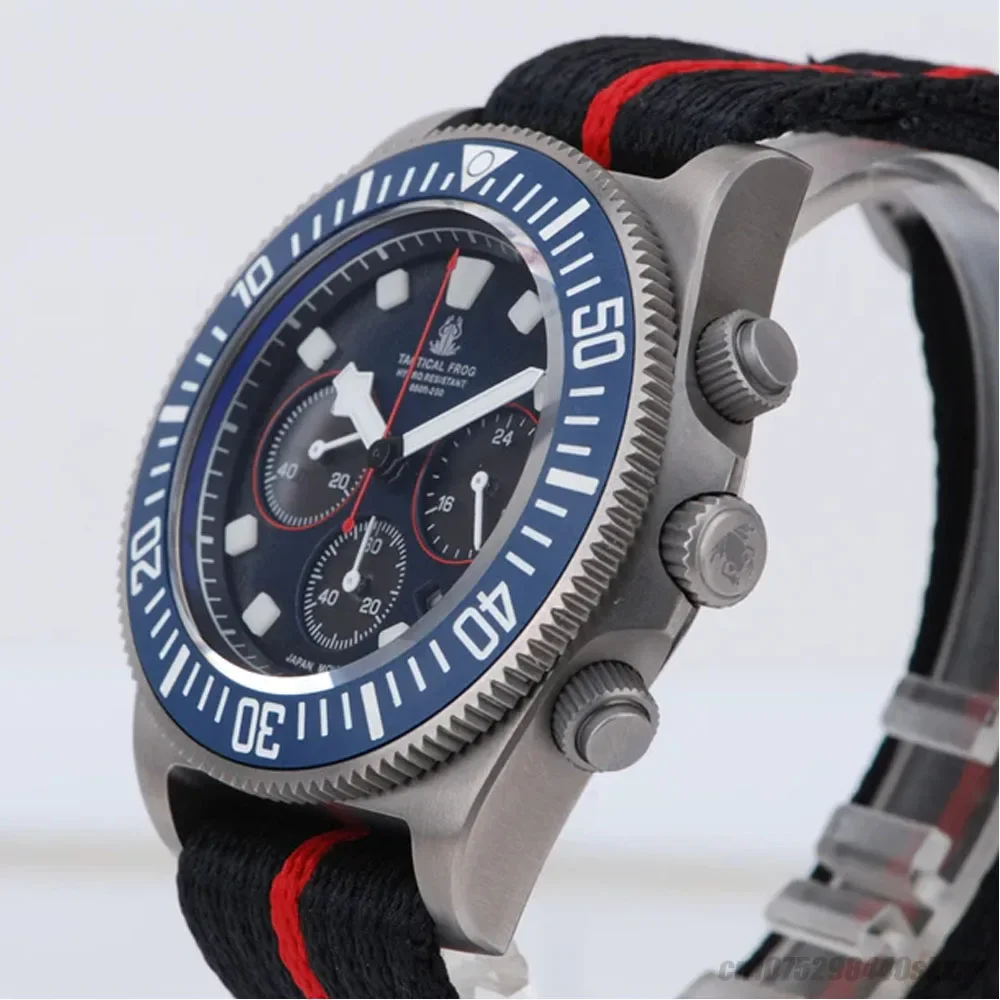 Tactical Frog 42mm Men\'s Titanium FXD Chronograph Diver Watch Blue Dial Sapphire VS75B Quartz Movement 20Bar BGW-9 Blue Luminous