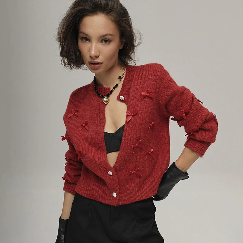 

Вязаный свитер с 3D бантом, кардиган, женский осенне-зимний милый свитер с длинными рукавами и круглым вырезом, куртка, винтажные однобортные кардиганы