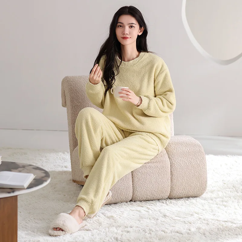 

Женский пижамный комплект, удобная одежда для сна, утепленный, с длинными рукавами, из двух предметов, мягкий, в корейском стиле, домашняя одежда, верхняя одежда