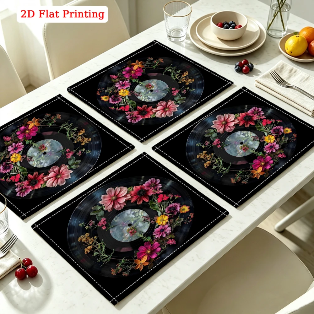 2Pcs Vinyl Record Floral Placemat Black 2D Flat Printing Table Mat Kitchen Dining Decor Non Slip Heat Resistant 30X40Cm
