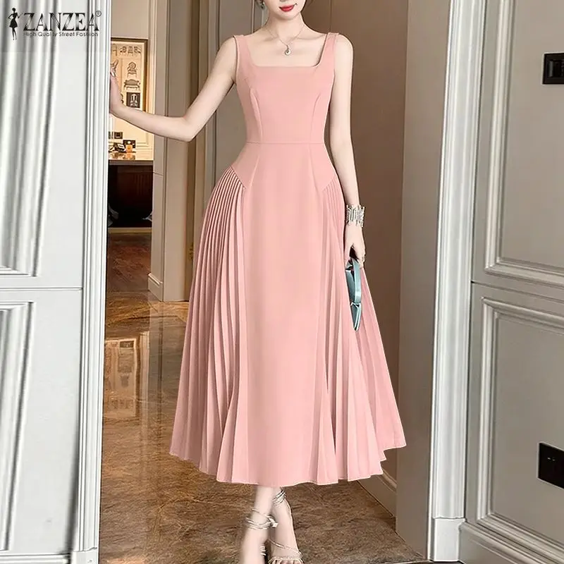 ZANZEA Damen-Midi-Partykleider, elegant, quadratischer Ausschnitt, ärmellos, plissiert, für Hochzeitsgäste, langes Kleid, Abendkleid, A-Linie, Robes Femme