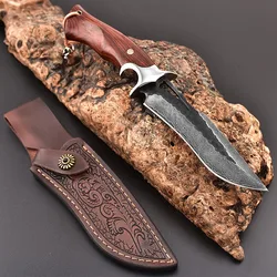 Outdoor Damascus straight knife, survival knife, portable EDC fixed blade knife with knife sleeve gift box, camping knife