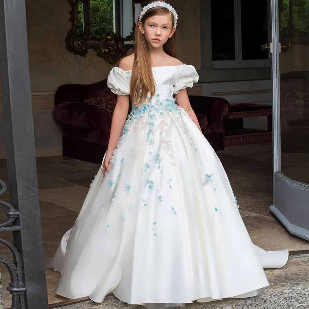 Jill Wish Luxury White Girl Dress 3D Flowers Satin Princess Dubai Kids Wedding Birthday comunione Party abito elegante 2024 J295