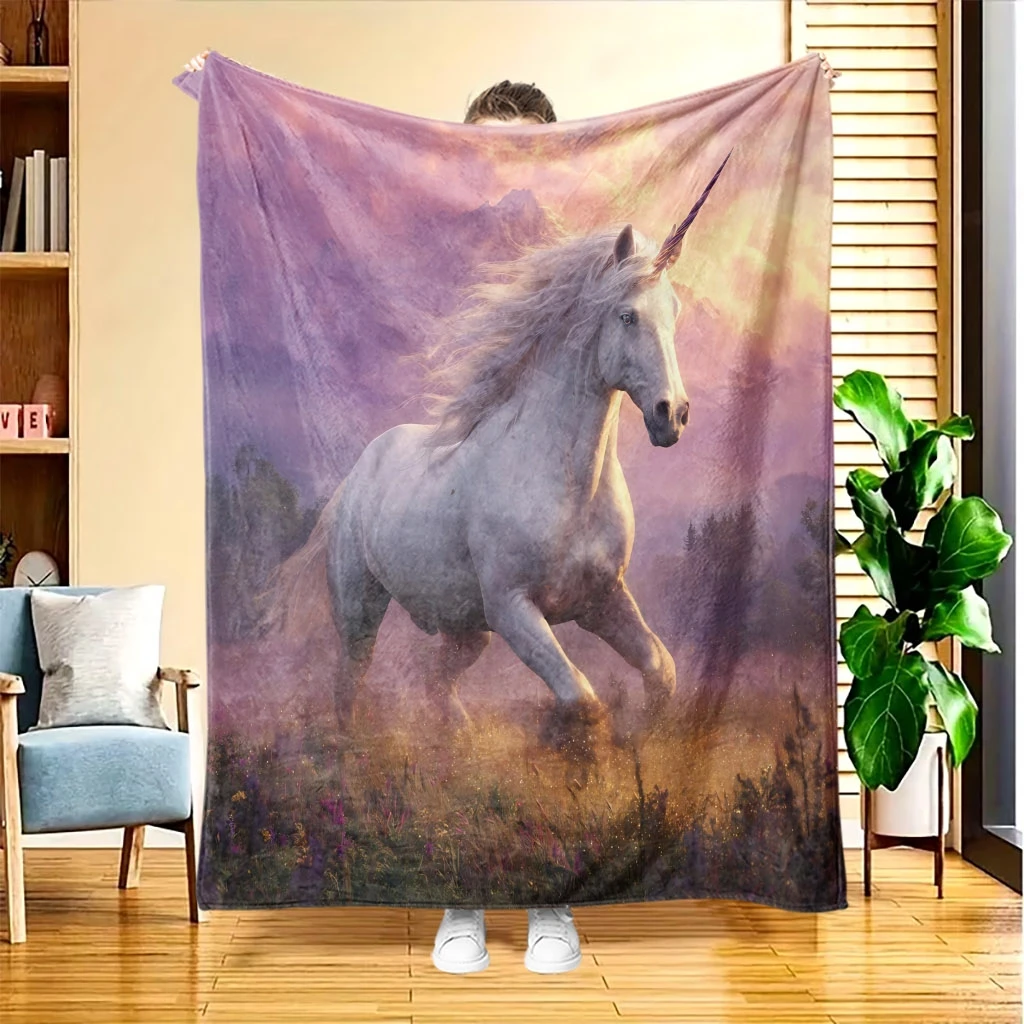 White Unicorn Purple Mountain Sunset Wild Grass Flannel Throw Blanket, Soft Warm Sofa Cover, Fantasy Gift For Bedroom Rest Use