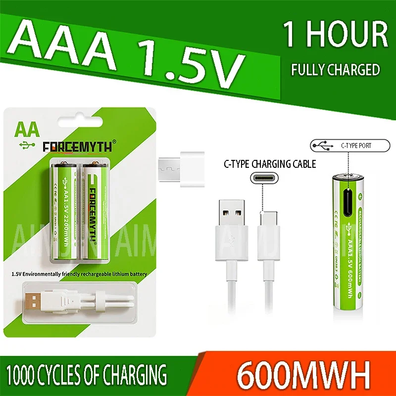 

AIMJIN USB 1.5V AAA rechargeable batteries 600mWh Lithium aaa Batteries Suitable for Toys Remote Control Mouse keyboard gamepad