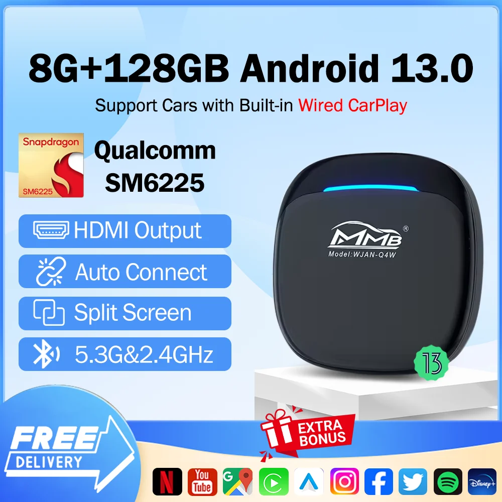 

MMB 2025 CarPlay Ai Box Android 13 Wireless Android Auto SM6225 HDMI Output Car Play Tv Box Adapter 8+128G for Chery VW Ford Kia