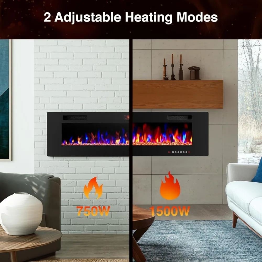 Electric Wall-Mounted Fireplace with Remote, Ultra-Thin Design, Quiet Operation, Adjustable 12-Color Flames, Brightness Settings
