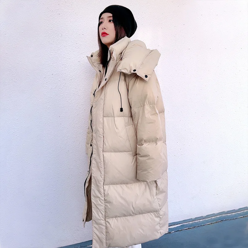 Long length large size down jacket women\'s new winter fashion version of loose and thick warm hooded white duck  down coat